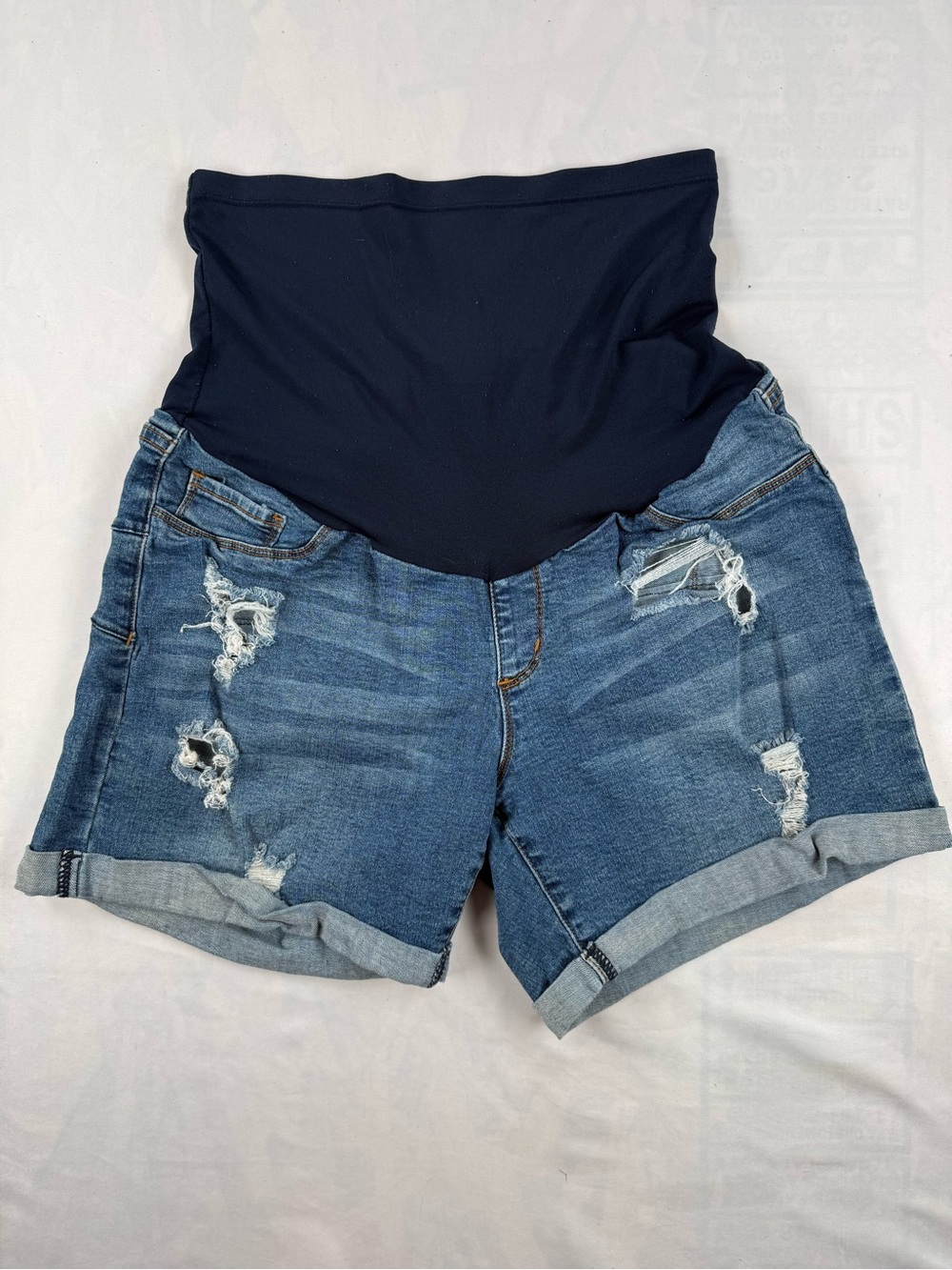 S.O.N.G. Maternity Denim Shorts with Navy Belly Panel